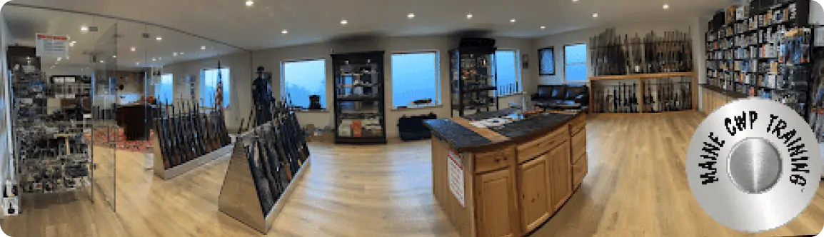 A panoramic view of the kitchen and living room.
